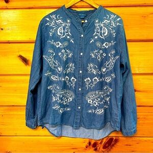 April Cornell Tunic Womens L Cotton Blue Embroidered Boho Long Sleeve